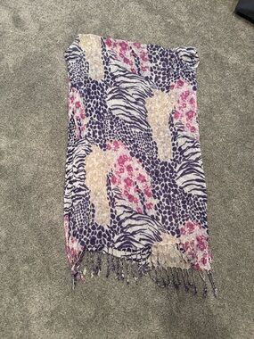 Printed Fringe Scarf in Purple, Pink & Cream